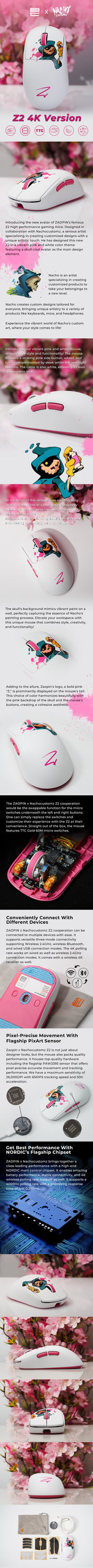 Zaopin X Nachocustomz Z2 4K Swappable Wireless Mouse Ergonomics Design Pink and White Theme Skull Avatar Lightweight Gaming Mice
