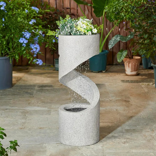 High-rise Outdoor Fountain with LED Lights, Curved Waterfall Fountain, Artificial Terrazzo Spiral Fountain, 31.25 Inch