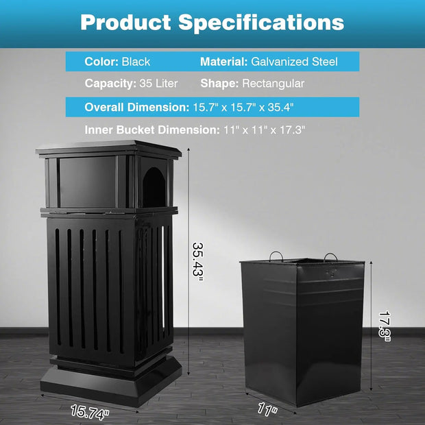 Can with Lid, Black Outdoor Garbage Can for Patio, Side Opening Steel Square Commercial
