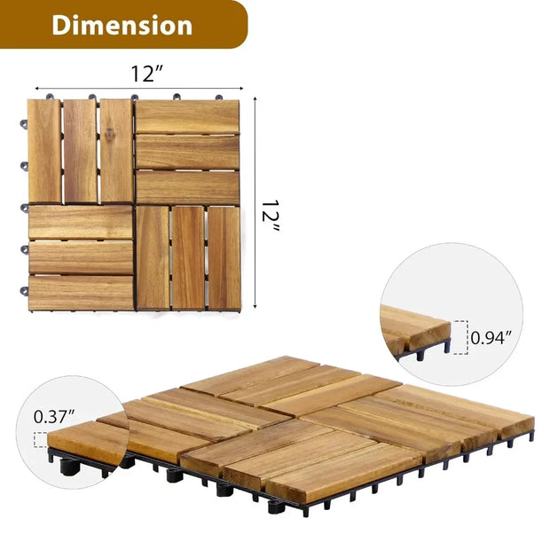 Acacia Wood Flooring Interlocking Deck Tiles for Patio Decor, Waterproof Indoor & Outdoor Decor - Balcony Garden Decking Tile