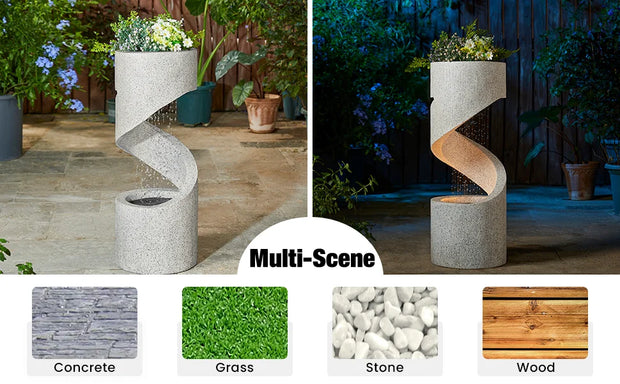 High-rise Outdoor Fountain with LED Lights, Curved Waterfall Fountain, Artificial Terrazzo Spiral Fountain, 31.25 Inch