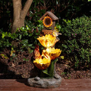 28.5" H Outdoor Garden Water Fountain with LED Lights and Pump, Rustic Sunflowers Rooster Birdhouse Patio Waterfall Fountain
