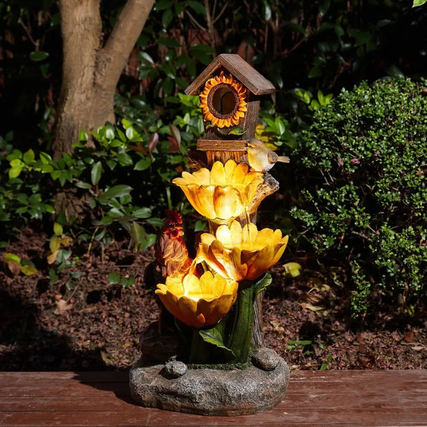 28.5" H Outdoor Garden Water Fountain with LED Lights and Pump, Rustic Sunflowers Rooster Birdhouse Patio Waterfall Fountain