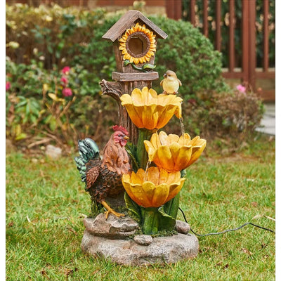 28.5" H Outdoor Garden Water Fountain with LED Lights and Pump, Rustic Sunflowers Rooster Birdhouse Patio Waterfall Fountain