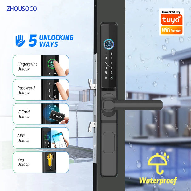 Waterproof Outdoor Fingerprint Tuay Wifi APP Digit Electronic Door Lock Password Keyless Aluminum Glass Sliding Smart Door Lock