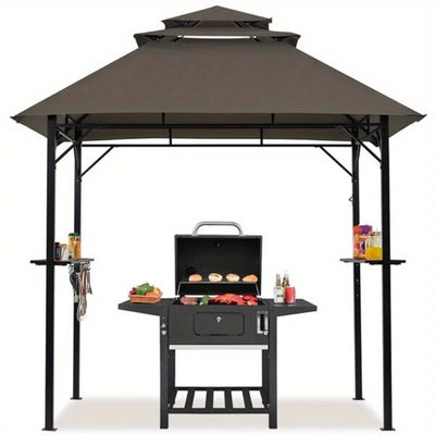 Grill Gazebo 8×5FT Outdoor BBQ Gazebo w/Height-adjustable Shelves & Hooks, Brown