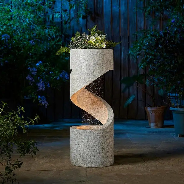 High-rise Outdoor Fountain with LED Lights, Curved Waterfall Fountain, Artificial Terrazzo Spiral Fountain, 31.25 Inch