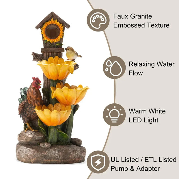 28.5" H Outdoor Garden Water Fountain with LED Lights and Pump, Rustic Sunflowers Rooster Birdhouse Patio Waterfall Fountain