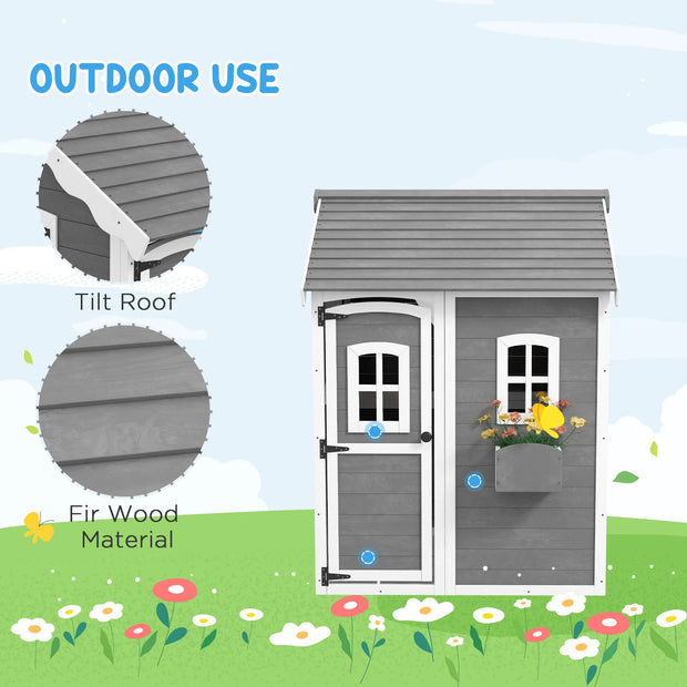 Outsunny Playhouse for Kids, Outdoor Wooden Playhouse with Floor, Door, Windows & Planter Box for 3-8 Year Olds, Backyard