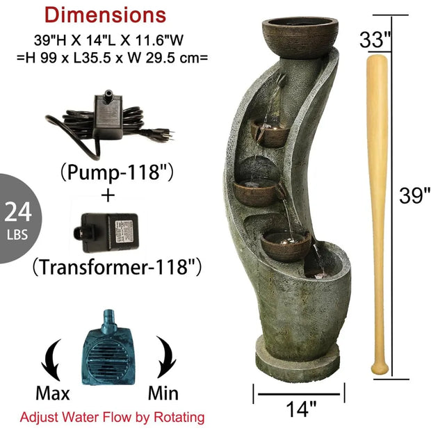 Water Fountain Outdoor Garden Decor, 39" Floor Standing 4-Tier Bowl Outdoor Fountains and Waterfalls with LED Lights for Garden