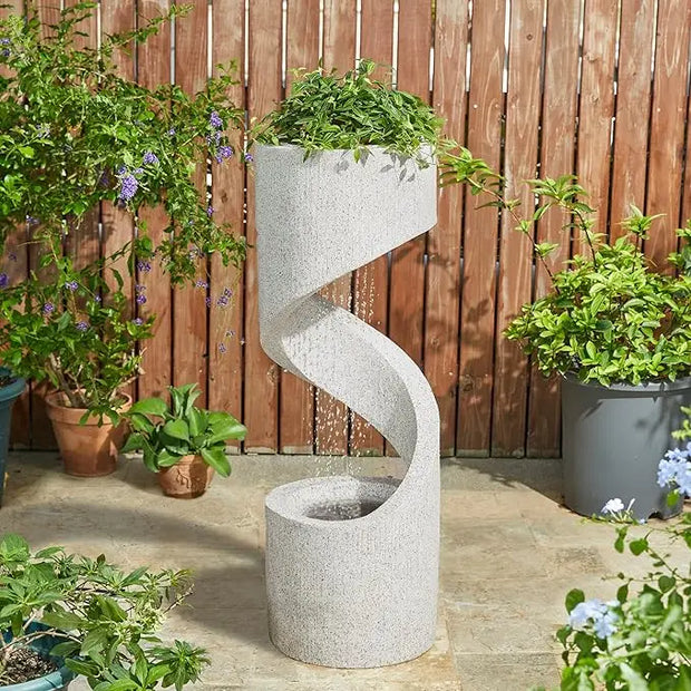 High-rise Outdoor Fountain with LED Lights, Curved Waterfall Fountain, Artificial Terrazzo Spiral Fountain, 31.25 Inch