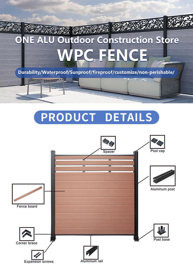 Popular Wood Plastic Composite Garden Fence Panel Aluminum Post Outdoor Decoration Privacy Slat Wall WPC Fence