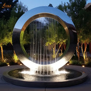 Outdoor Garden Decorate Mirror Art Modern Large Metal Led Light Ring Water Fountain Stainless Steel Circle Waterfall Fountain
