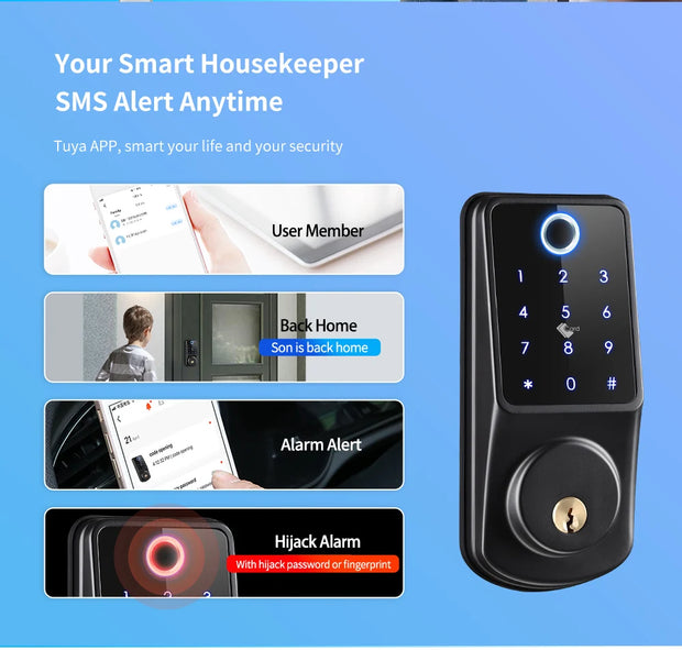 Tuya WiFi Smart Deadbolt Fingerprint Digital Keypad Keyless Entry Electronic Lock Ttlock App Control For Home Apartment Airbnb