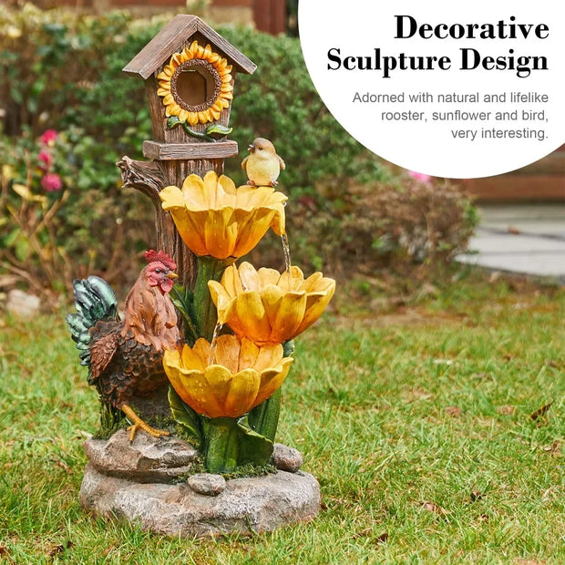 28.5" H Outdoor Garden Water Fountain with LED Lights and Pump, Rustic Sunflowers Rooster Birdhouse Patio Waterfall Fountain