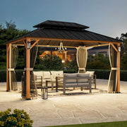 10' x 14' with 4 LED Lights & Galvanized Steel Double Roof, Permanent Outdoor Gazebo with Decor Hooks, Gazebos