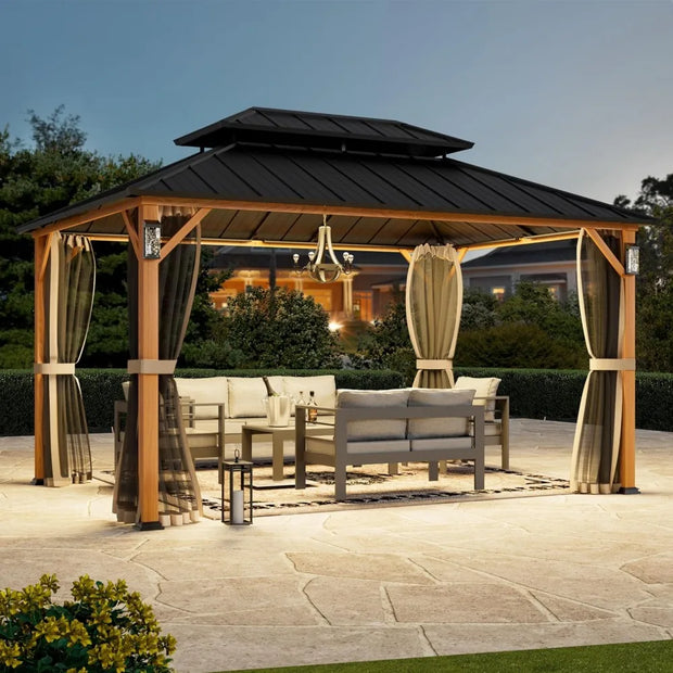 10' x 14' with 4 LED Lights & Galvanized Steel Double Roof, Permanent Outdoor Gazebo with Decor Hooks, Gazebos