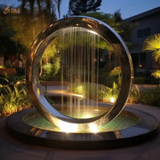 Outdoor Garden Decorate Mirror Art Modern Large Metal Led Light Ring Water Fountain Stainless Steel Circle Waterfall Fountain