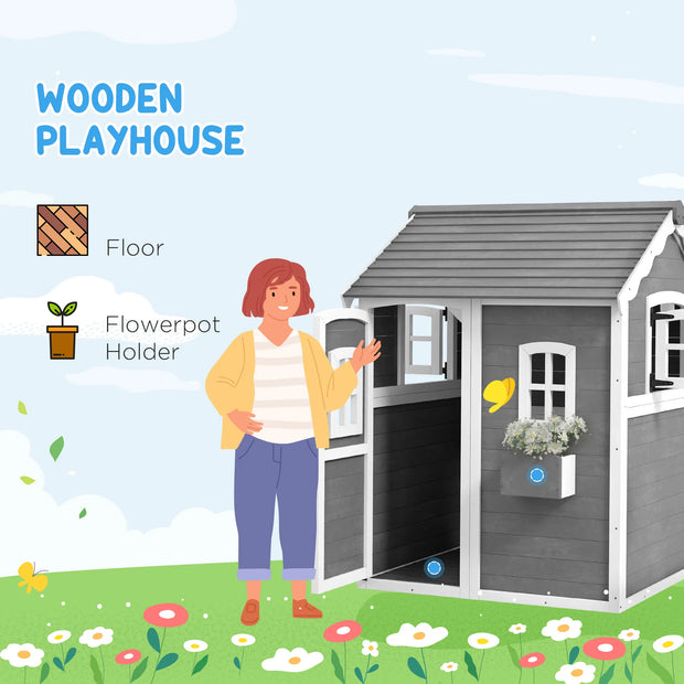 Outsunny Playhouse for Kids, Outdoor Wooden Playhouse with Floor, Door, Windows & Planter Box for 3-8 Year Olds, Backyard