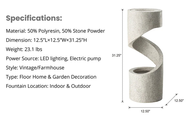 High-rise Outdoor Fountain with LED Lights, Curved Waterfall Fountain, Artificial Terrazzo Spiral Fountain, 31.25 Inch