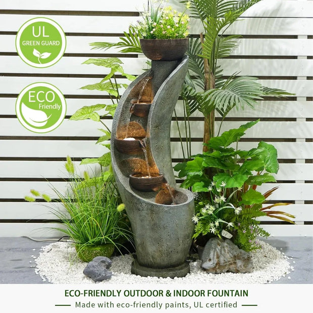 Water Fountain Outdoor Garden Decor, 39" Floor Standing 4-Tier Bowl Outdoor Fountains and Waterfalls with LED Lights for Garden