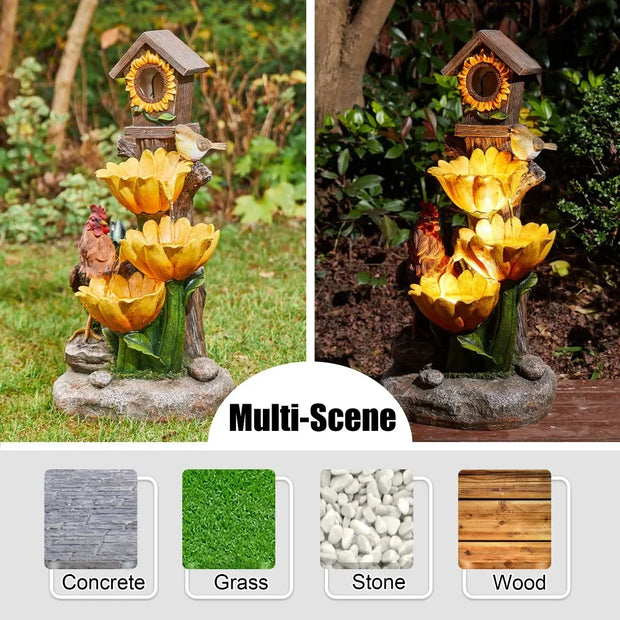 28.5" H Outdoor Garden Water Fountain with LED Lights and Pump, Rustic Sunflowers Rooster Birdhouse Patio Waterfall Fountain