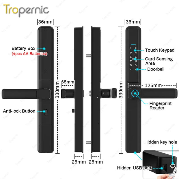 ttlock app slim smart lock electronic fingerprint door handle keyless outdoor waterproof aluminum sliding door lock for home