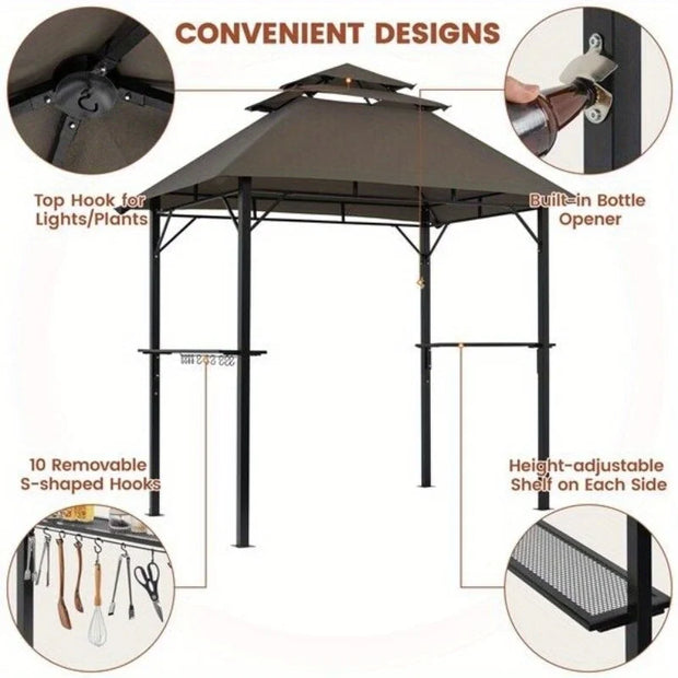 Grill Gazebo 8×5FT Outdoor BBQ Gazebo w/Height-adjustable Shelves & Hooks, Brown
