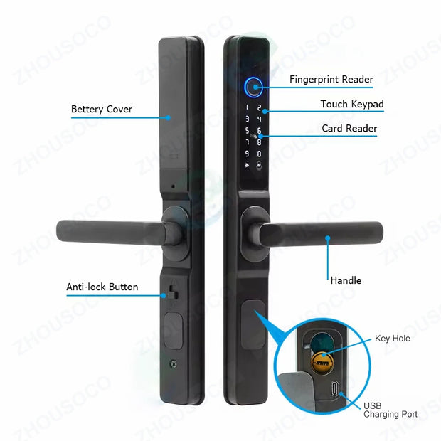 Waterproof Outdoor Fingerprint Tuay Wifi APP Digit Electronic Door Lock Password Keyless Aluminum Glass Sliding Smart Door Lock