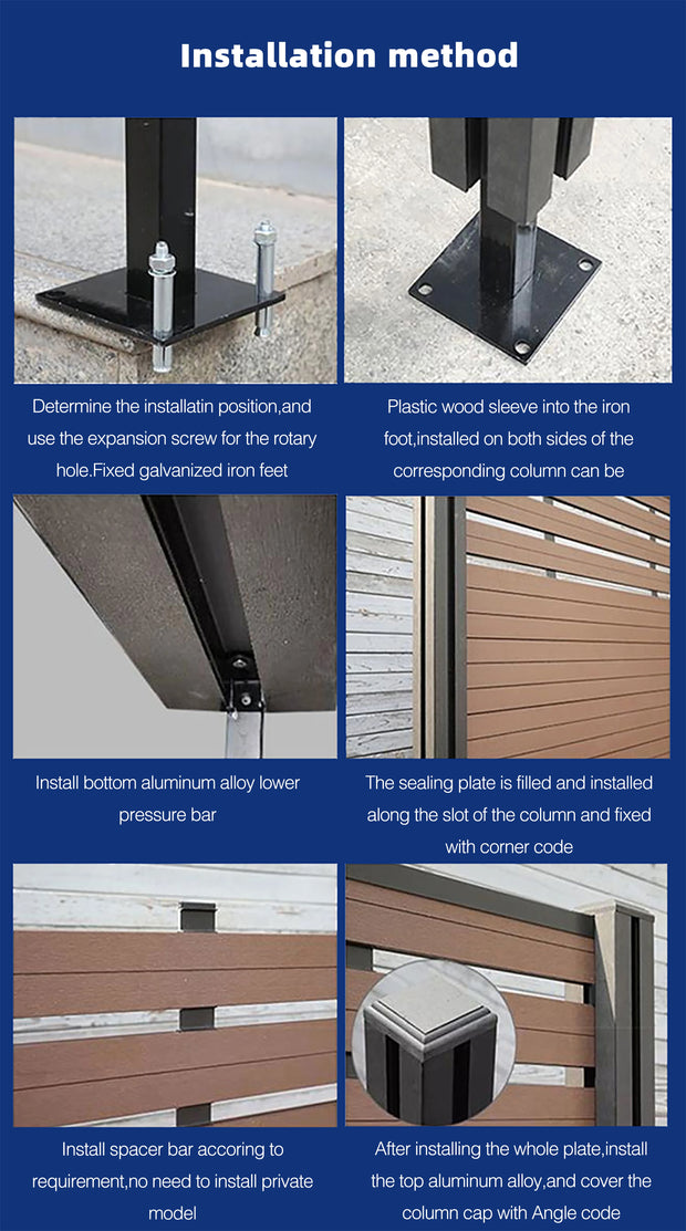 Popular Wood Plastic Composite Garden Fence Panel Aluminum Post Outdoor Decoration Privacy Slat Wall WPC Fence