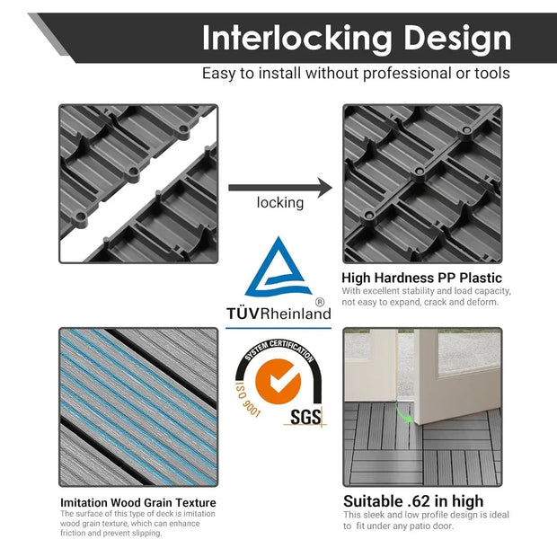 54 PCS Plastic Interlocking Patio Deck Tiles - 12" x 12" Waterproof Indoor Outdoor Flooring, Patio Floor Decking for B