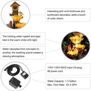 28.5" H Outdoor Garden Water Fountain with LED Lights and Pump, Rustic Sunflowers Rooster Birdhouse Patio Waterfall Fountain