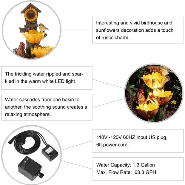 28.5" H Outdoor Garden Water Fountain with LED Lights and Pump, Rustic Sunflowers Rooster Birdhouse Patio Waterfall Fountain