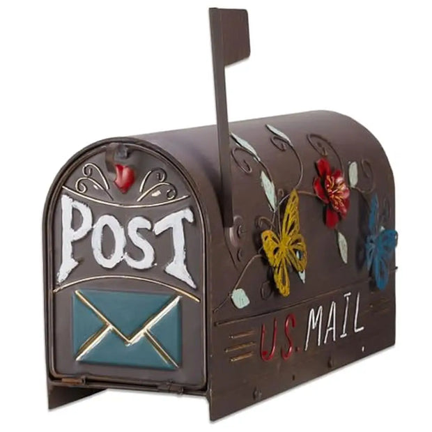 Outdoor Post Mount Decorative Mailbox Garden Courtyard Heavy Duty Galvanized Steel Butterfly Pattern Rust Resistant Brown