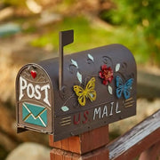 Outdoor Post Mount Decorative Mailbox Garden Courtyard Heavy Duty Galvanized Steel Butterfly Pattern Rust Resistant Brown