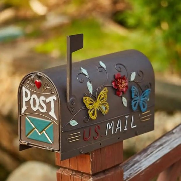 Outdoor Post Mount Decorative Mailbox Garden Courtyard Heavy Duty Galvanized Steel Butterfly Pattern Rust Resistant Brown