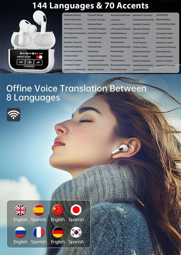 UYUXIO AI Language Translator Earbuds 144 Languages Translator Device and Accents 8 Offline Language Translation Earphones