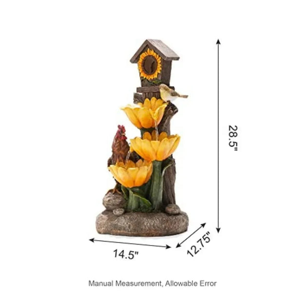 28.5" H Outdoor Garden Water Fountain with LED Lights and Pump, Rustic Sunflowers Rooster Birdhouse Patio Waterfall Fountain