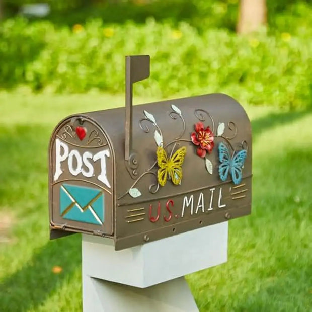 Outdoor Post Mount Decorative Mailbox Garden Courtyard Heavy Duty Galvanized Steel Butterfly Pattern Rust Resistant Brown