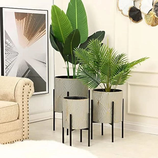 Planters for Indoor Plants, Set of 3 Floor Plants Pots with Stands, Modern Decorative Metal Flower Pots,