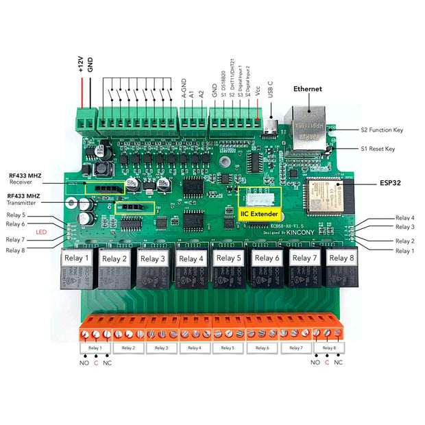 A8 ESP32 Development Relay Board Smart Home Automation Module Controller WiFi Ethernet Tasmota ESPHome Arduino DS18B20/DHT11/21