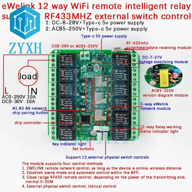 12 Channel WiFi Relay Module for eWeLink APP Remote Control Self-lock DC 8V-28V AC 85V-250V Wireless Switch for Smart Home