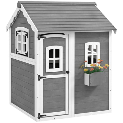 Outsunny Playhouse for Kids, Outdoor Wooden Playhouse with Floor, Door, Windows & Planter Box for 3-8 Year Olds, Backyard