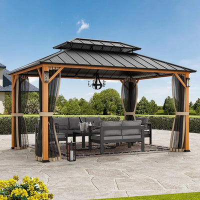 10' x 14' with 4 LED Lights & Galvanized Steel Double Roof, Permanent Outdoor Gazebo with Decor Hooks, Gazebos