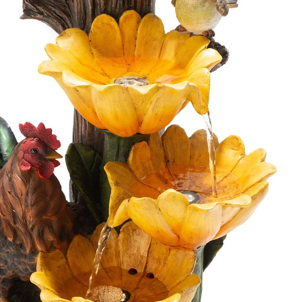 28.5" H Outdoor Garden Water Fountain with LED Lights and Pump, Rustic Sunflowers Rooster Birdhouse Patio Waterfall Fountain