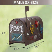 Outdoor Post Mount Decorative Mailbox Garden Courtyard Heavy Duty Galvanized Steel Butterfly Pattern Rust Resistant Brown