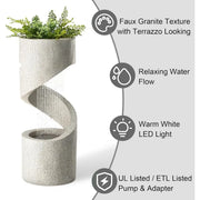 High-rise Outdoor Fountain with LED Lights, Curved Waterfall Fountain, Artificial Terrazzo Spiral Fountain, 31.25 Inch