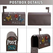 Outdoor Post Mount Decorative Mailbox Garden Courtyard Heavy Duty Galvanized Steel Butterfly Pattern Rust Resistant Brown