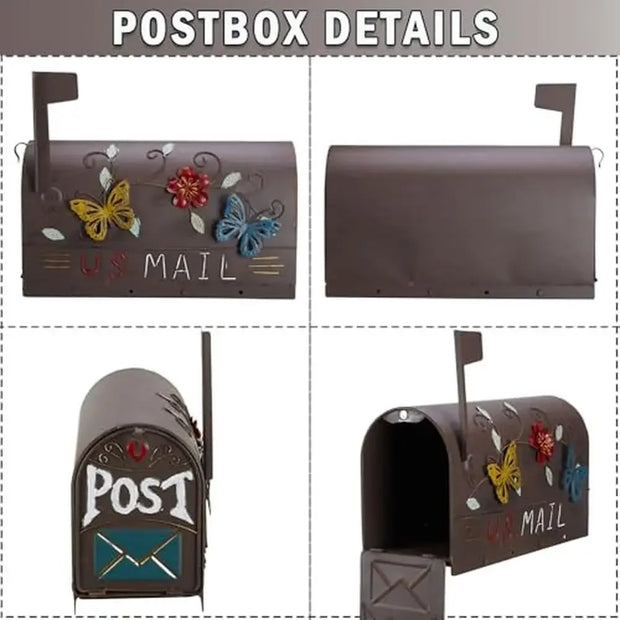 Outdoor Post Mount Decorative Mailbox Garden Courtyard Heavy Duty Galvanized Steel Butterfly Pattern Rust Resistant Brown